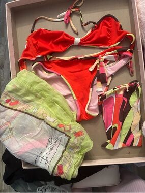 Emilio Pucci Red Bikini with Multicolor Trim and Printed Scarf